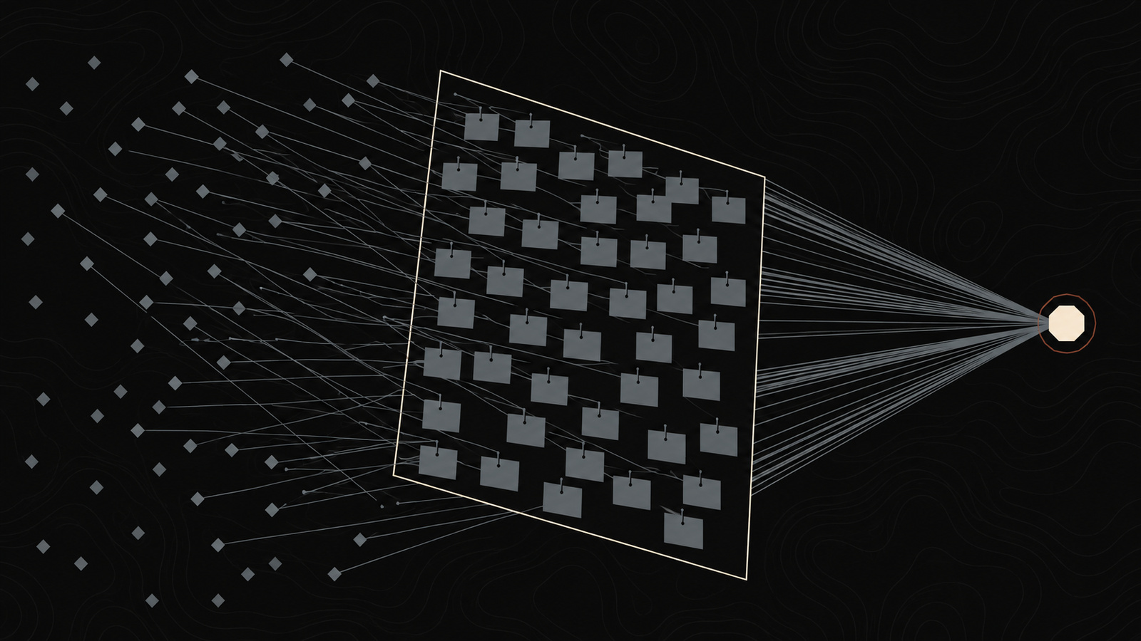 Scattered agent marks pin blank cards to one shared surface; a subset turn and send bundled lines toward a single distant node.