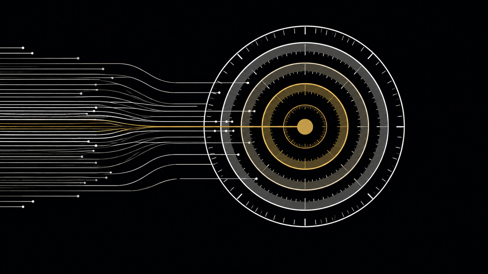 Many thin white lines enter from the left and only one gold line reaches the centre of five concentric verification rings graduated from white to gold, ending at a solid gold seal. Attestation enters; evidence survives.