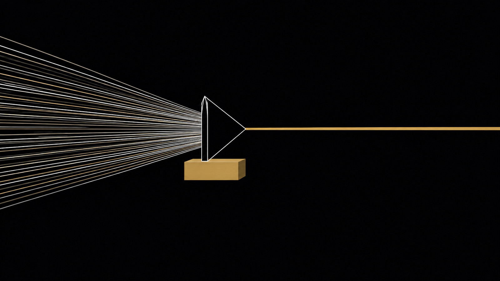 Dozens of thin white and gold lines converge on a single glass prism standing on a gold block, and one solid gold beam leaves it to the right. The many become one, and the one is gold.