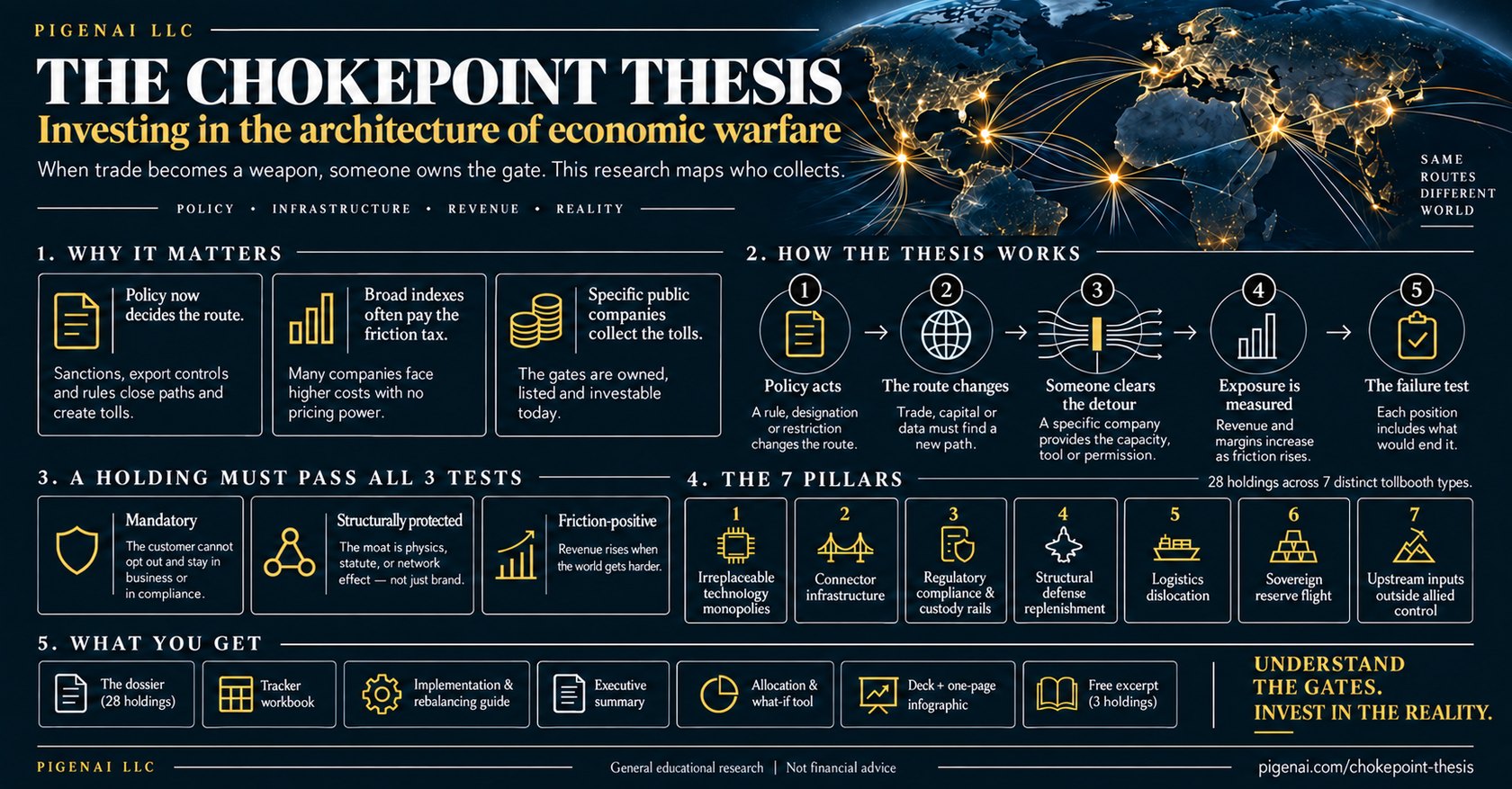 One-page explainer for The Chokepoint Thesis: why it matters, the five-step causal chain from policy to position, the three entry tests, the seven pillars, and the seven files in the package.